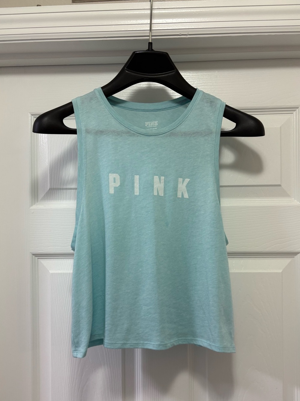 PINK Victoria's Secret Pale Aqua Cropped Tank with White Logo